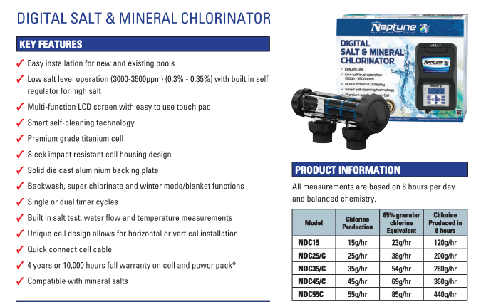 Neptune NDC25 Digital Chlorinator, self cleaning, 25g, up to 65,000L.